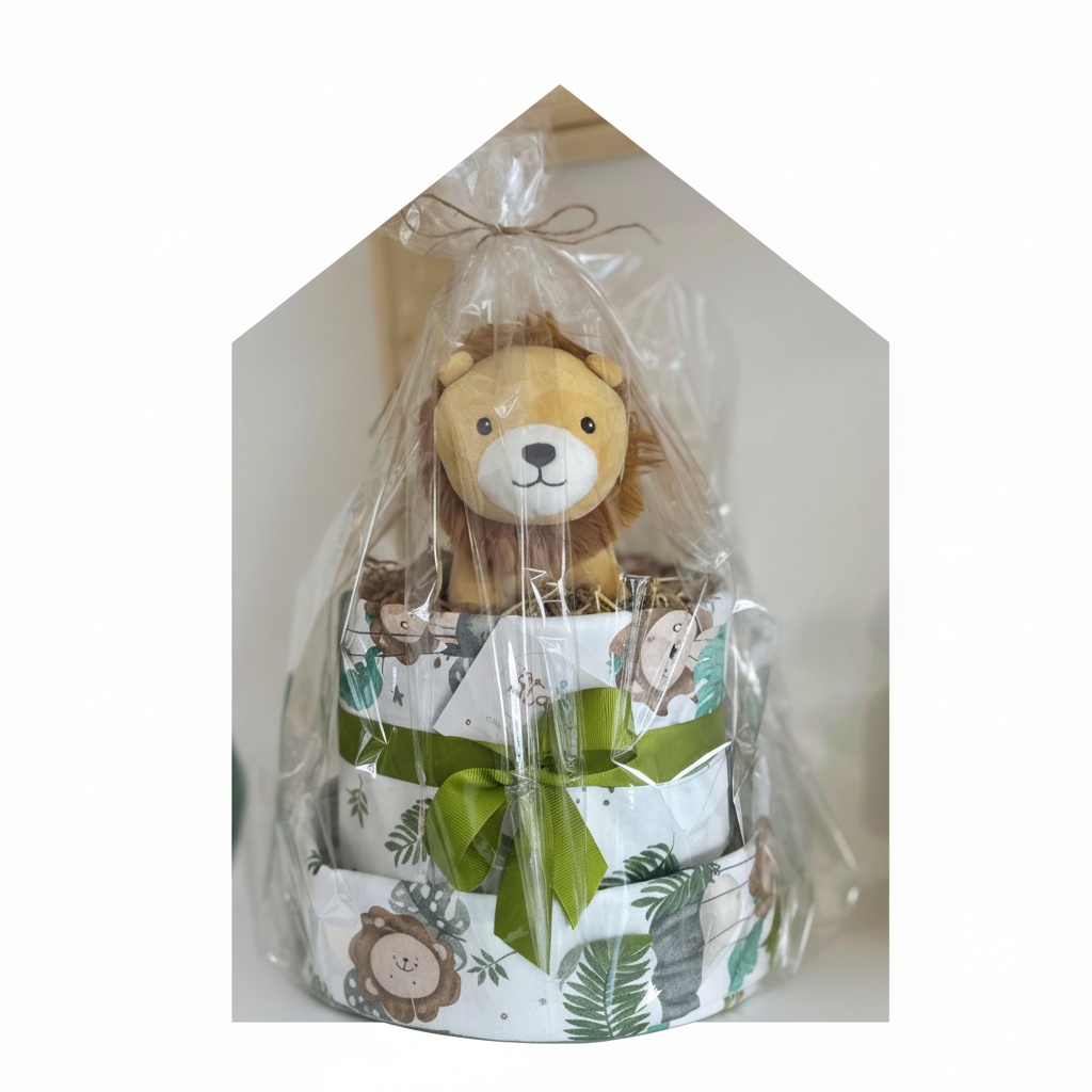 Diaper cake with a teddy bear inside, wrapped in clear plastic on a light beige background.